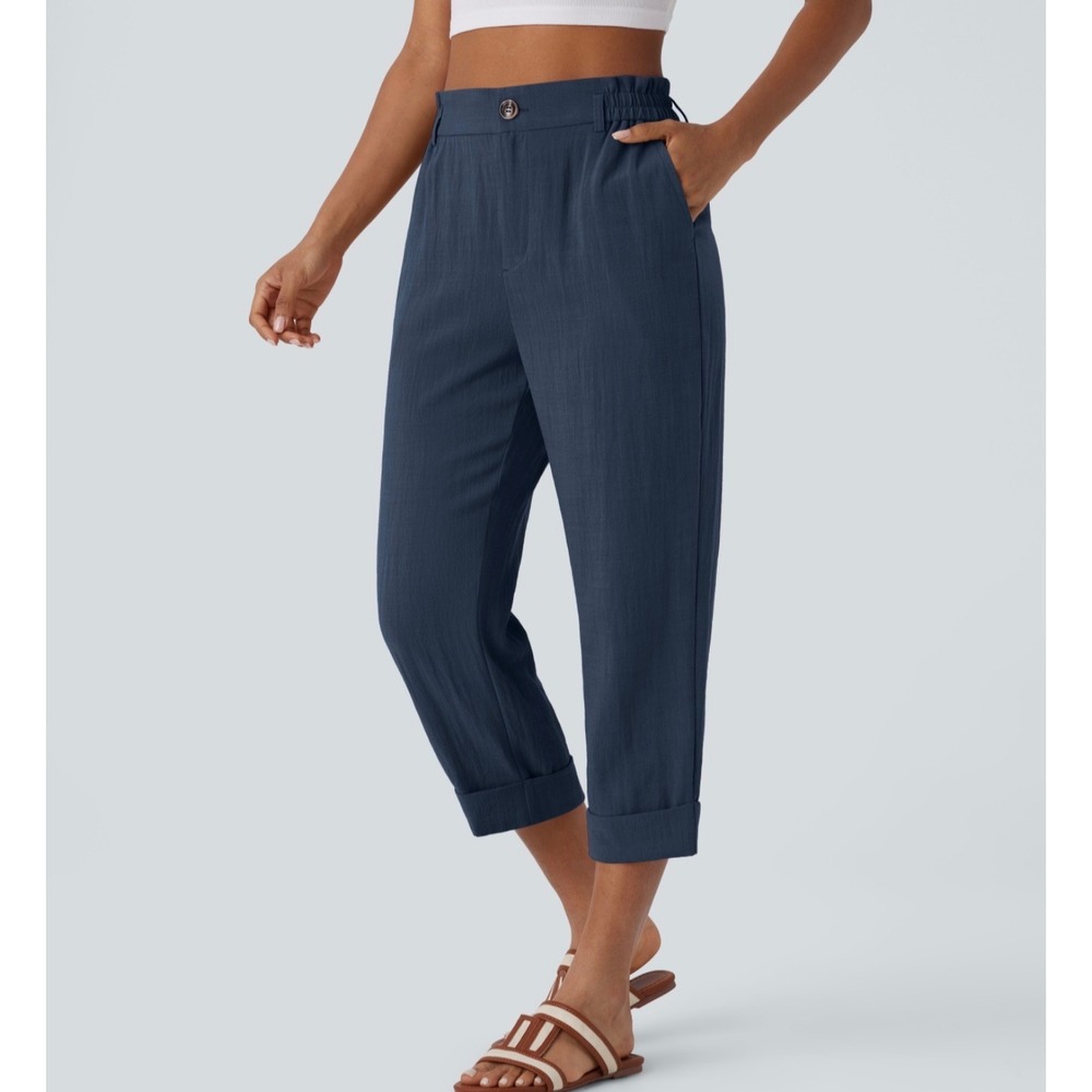 Halara XL High Waisted Zipper Pocket Cropped Linen-Feel Pants Navy Blue Tapered